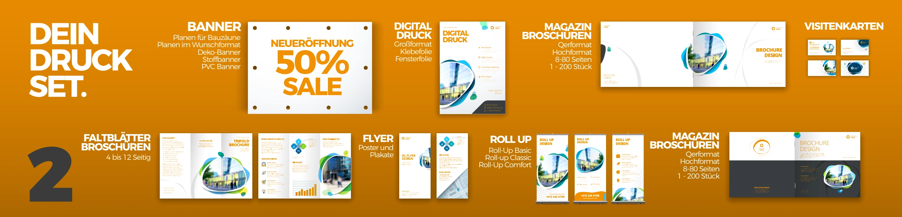 Dein Druckset: Banner, Roll-ups, Flyer, Broschüren und Visitenkarten