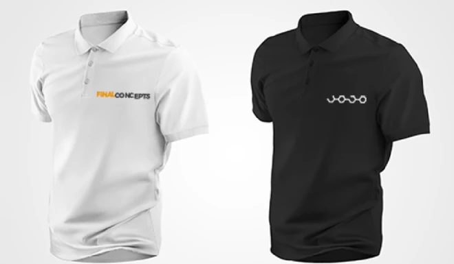 Weißes und schwarzes Poloshirt mit Firmenlogo