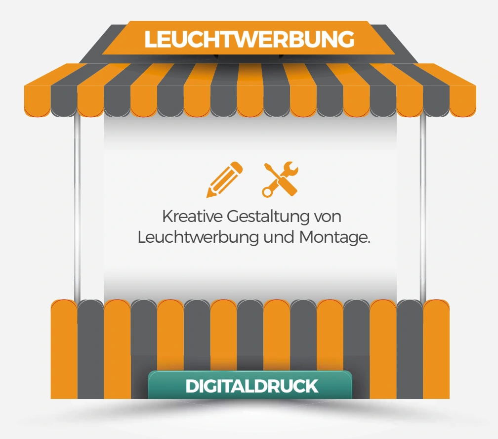 Orange-grauer Werbestand mit den Aufschriften Leuchtwerbung und Digitaldruck sowie Symbolen für Gestaltung und Montage